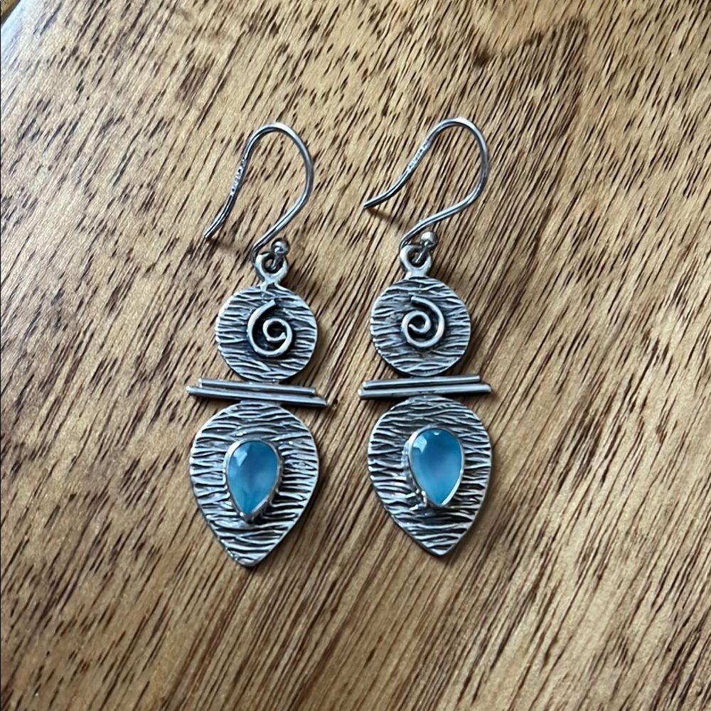 India 925 Silver Spiral Drop Earrings with Blue Stone